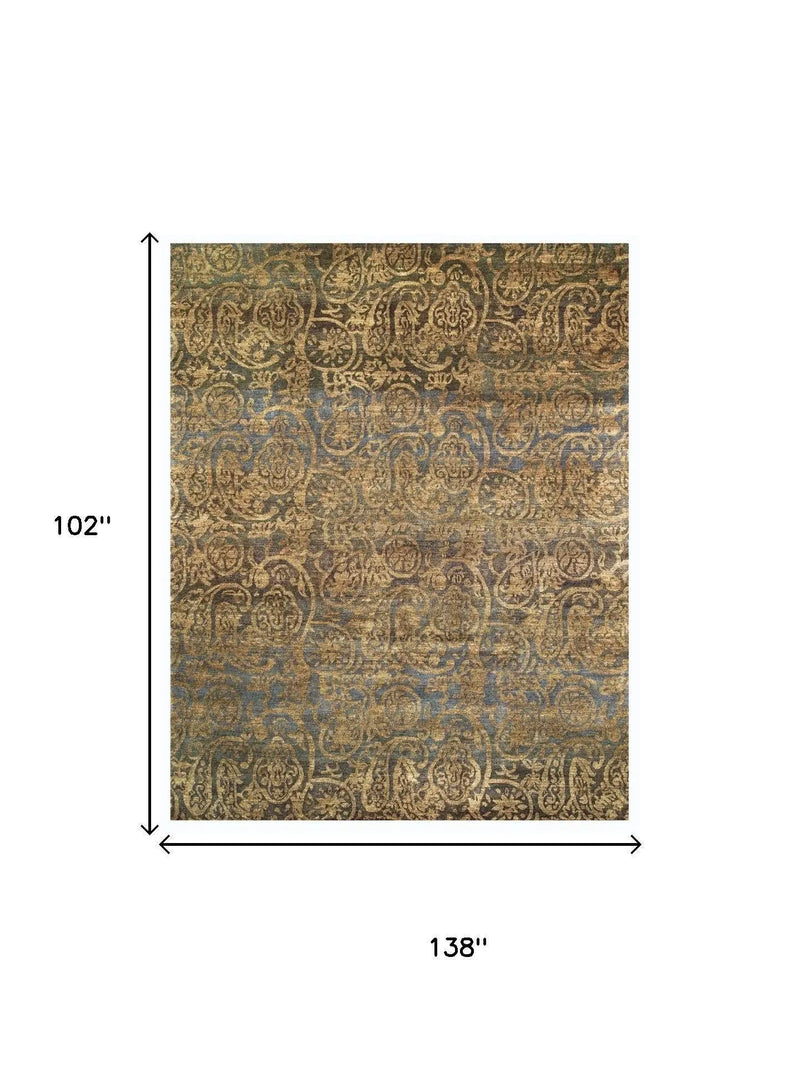 9' X 12' Brown Gold And Blue Wool Paisley Hand Knotted Area Rug Homeroots Home Decor