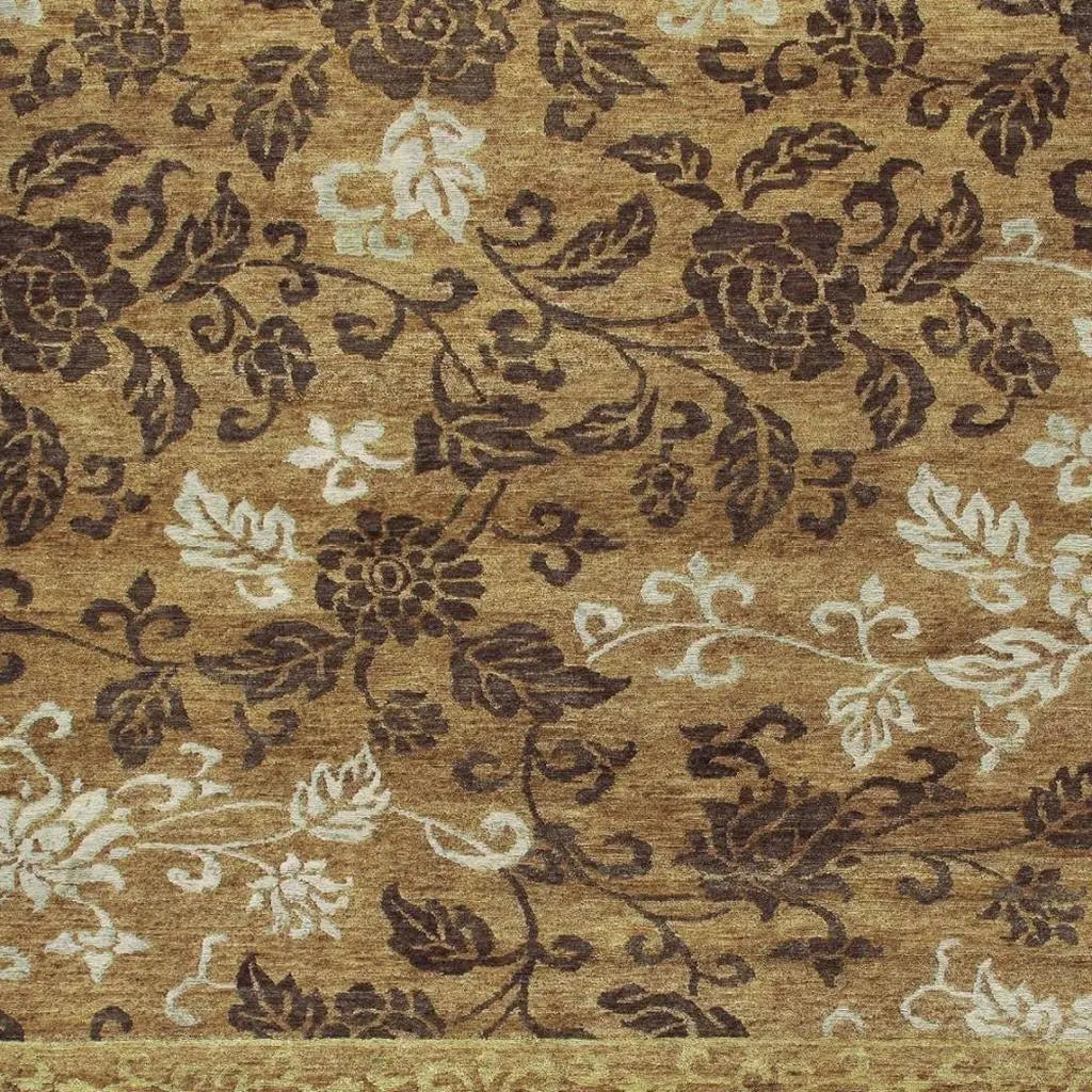 9' X 12' Brown Gold And Tan Floral Hand Knotted Area Rug Homeroots Home Decor