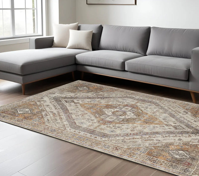 9' X 12' Brown Ivory And Orange Medallion Area Rug Homeroots Home Decor