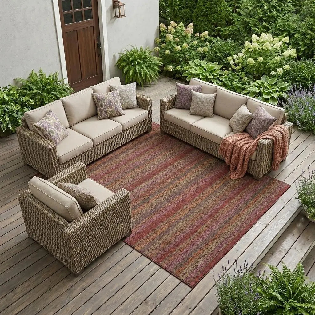 9' X 12' Burgundy And Red Striped Washable Indoor Outdoor Area Rug Homeroots Outdoor