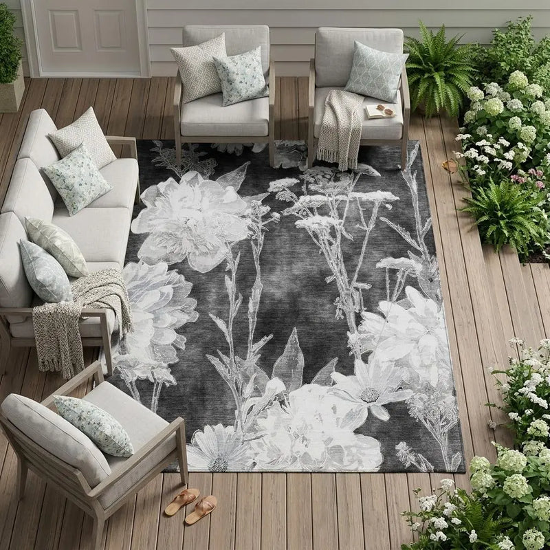 9' X 12' Charcoal And Gray Floral Washable Indoor Outdoor Area Rug Homeroots Outdoor