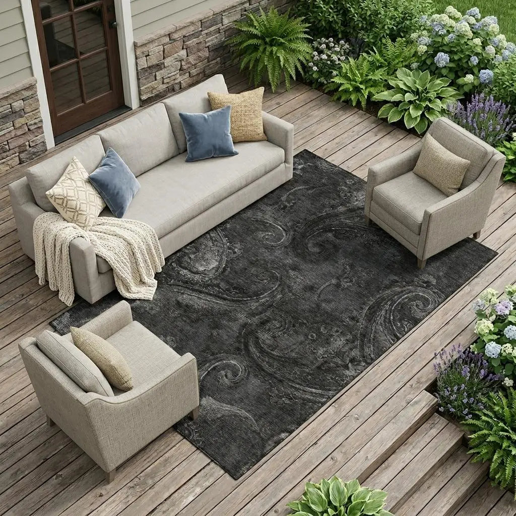 9' X 12' Charcoal And Gray Paisley Washable Indoor Outdoor Area Rug Homeroots Outdoor