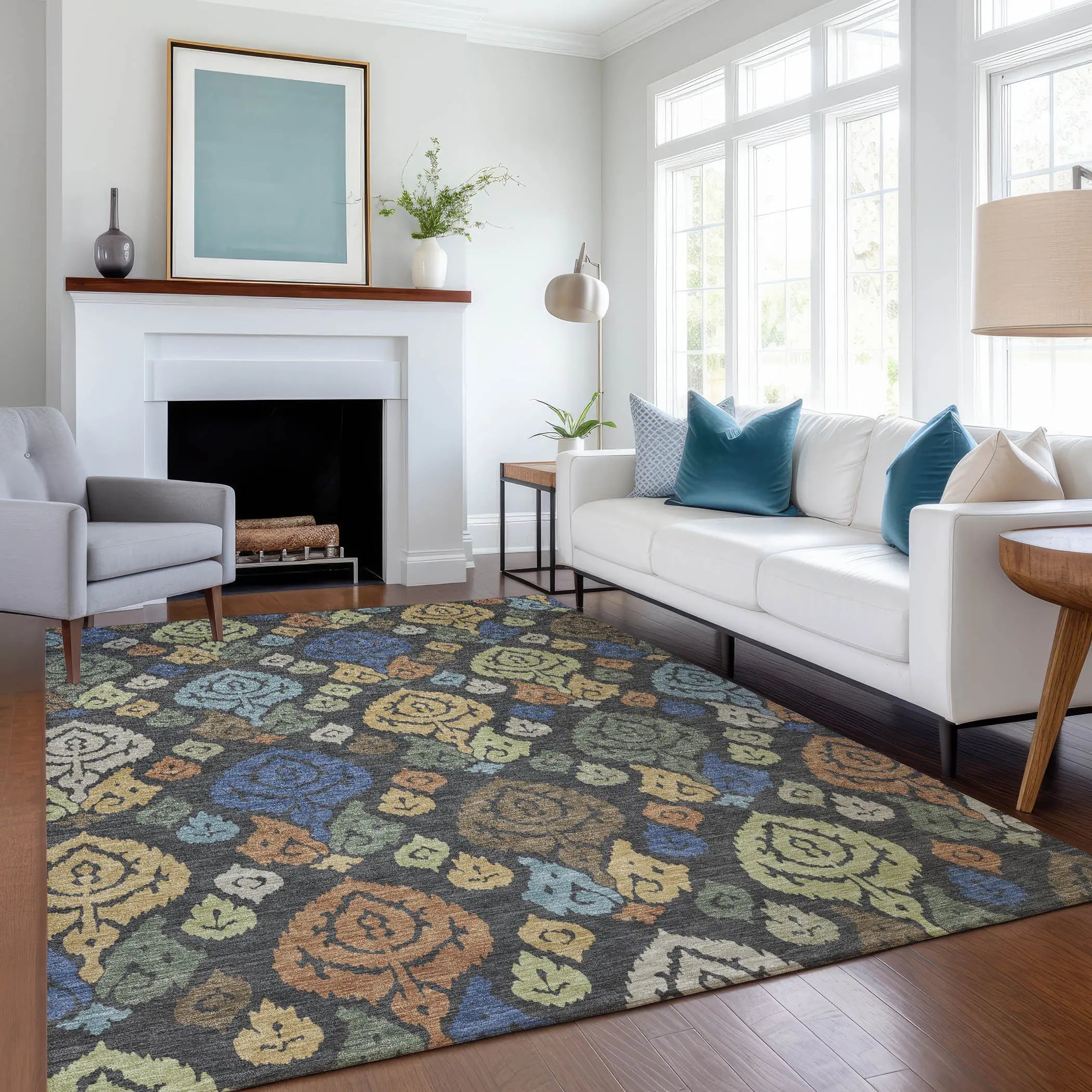 9' X 12' Charcoal And Green Damask Washable Indoor Outdoor Area Rug Homeroots Outdoor