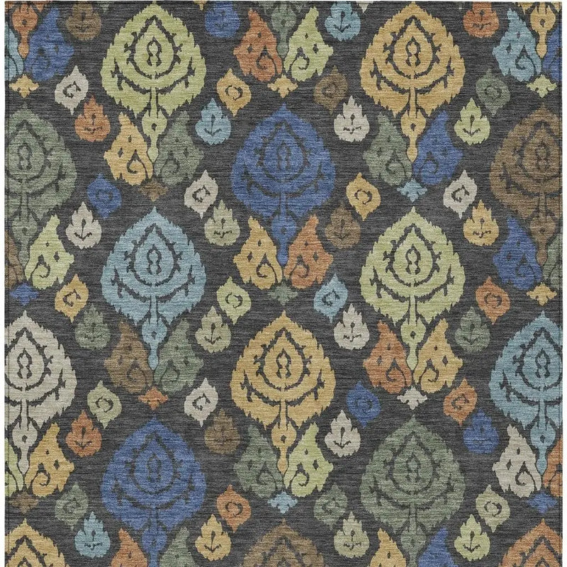 9' X 12' Charcoal And Green Damask Washable Indoor Outdoor Area Rug Homeroots Outdoor