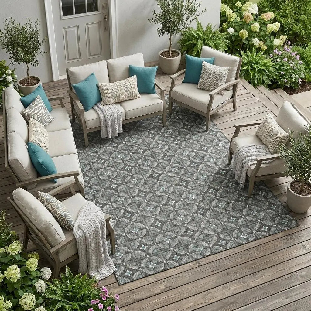 9' X 12' Charcoal And Silver Geometric Washable Indoor Outdoor Area Rug Homeroots Outdoor