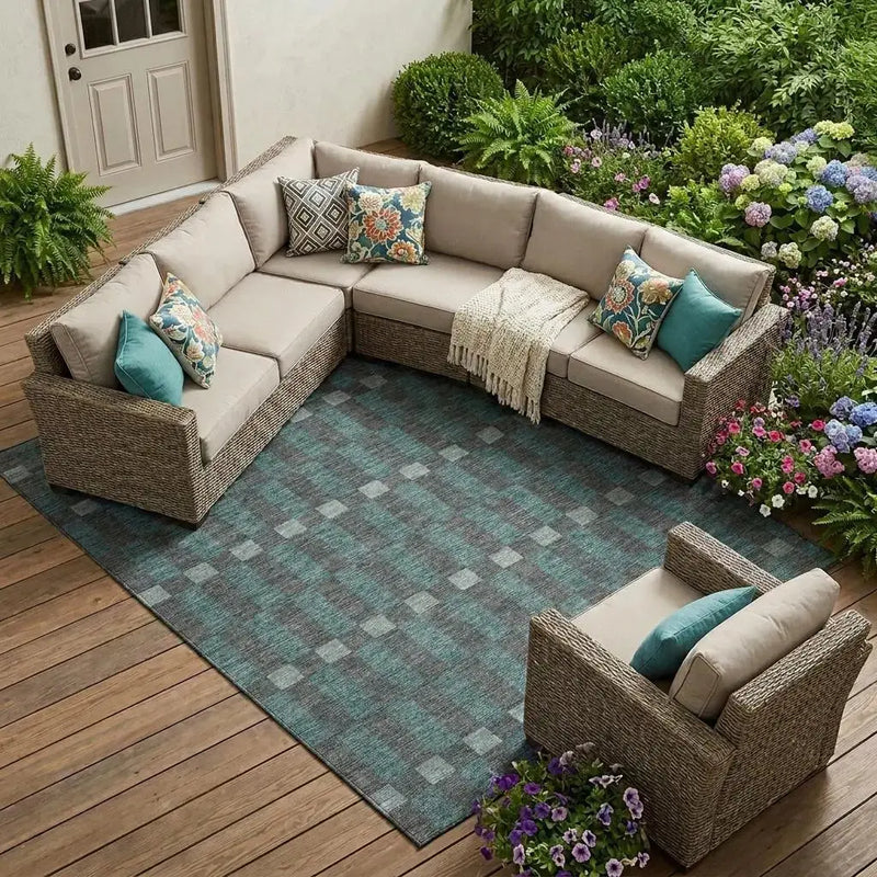 9' X 12' Charcoal And Teal Blue Geometric Washable Indoor Outdoor Area Rug Homeroots Outdoor