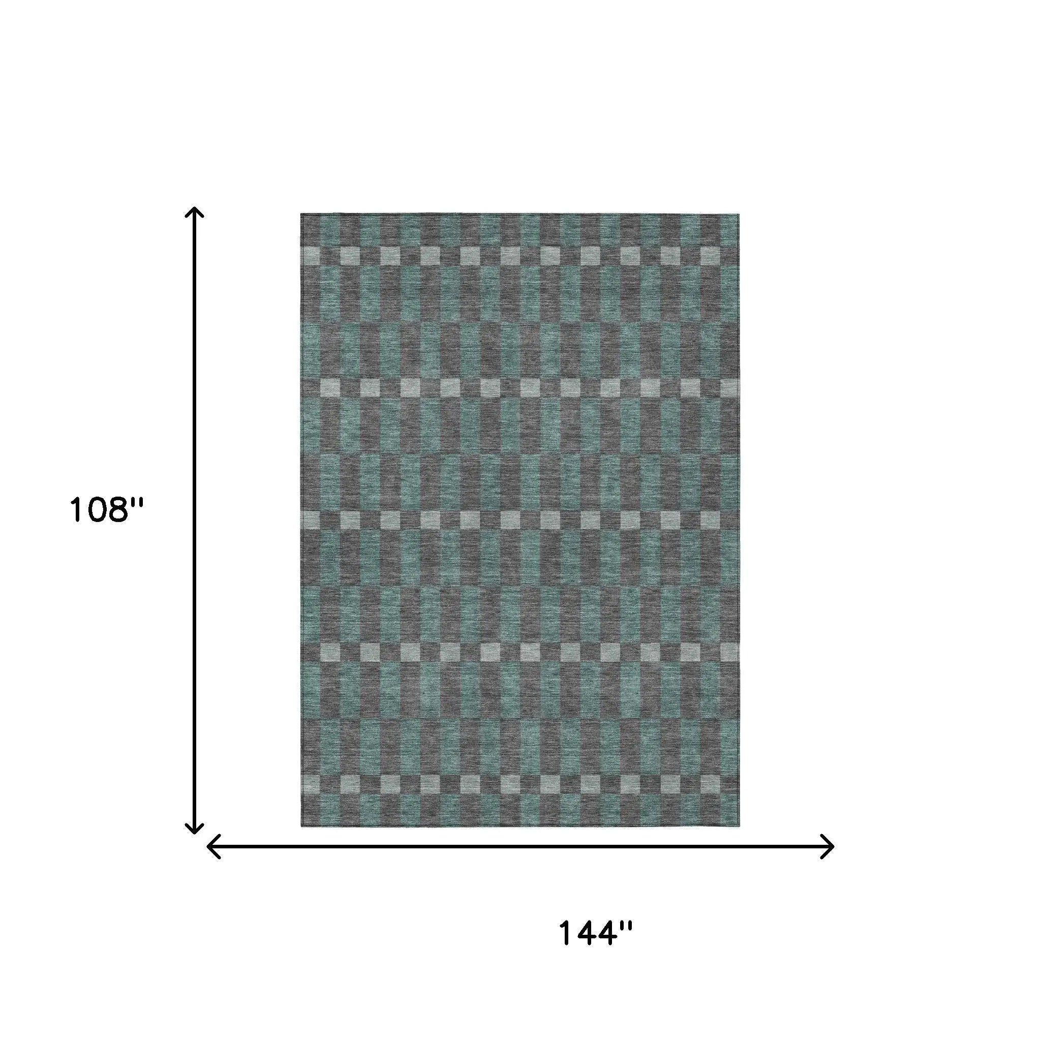 9' X 12' Charcoal And Teal Blue Geometric Washable Indoor Outdoor Area Rug Homeroots Outdoor
