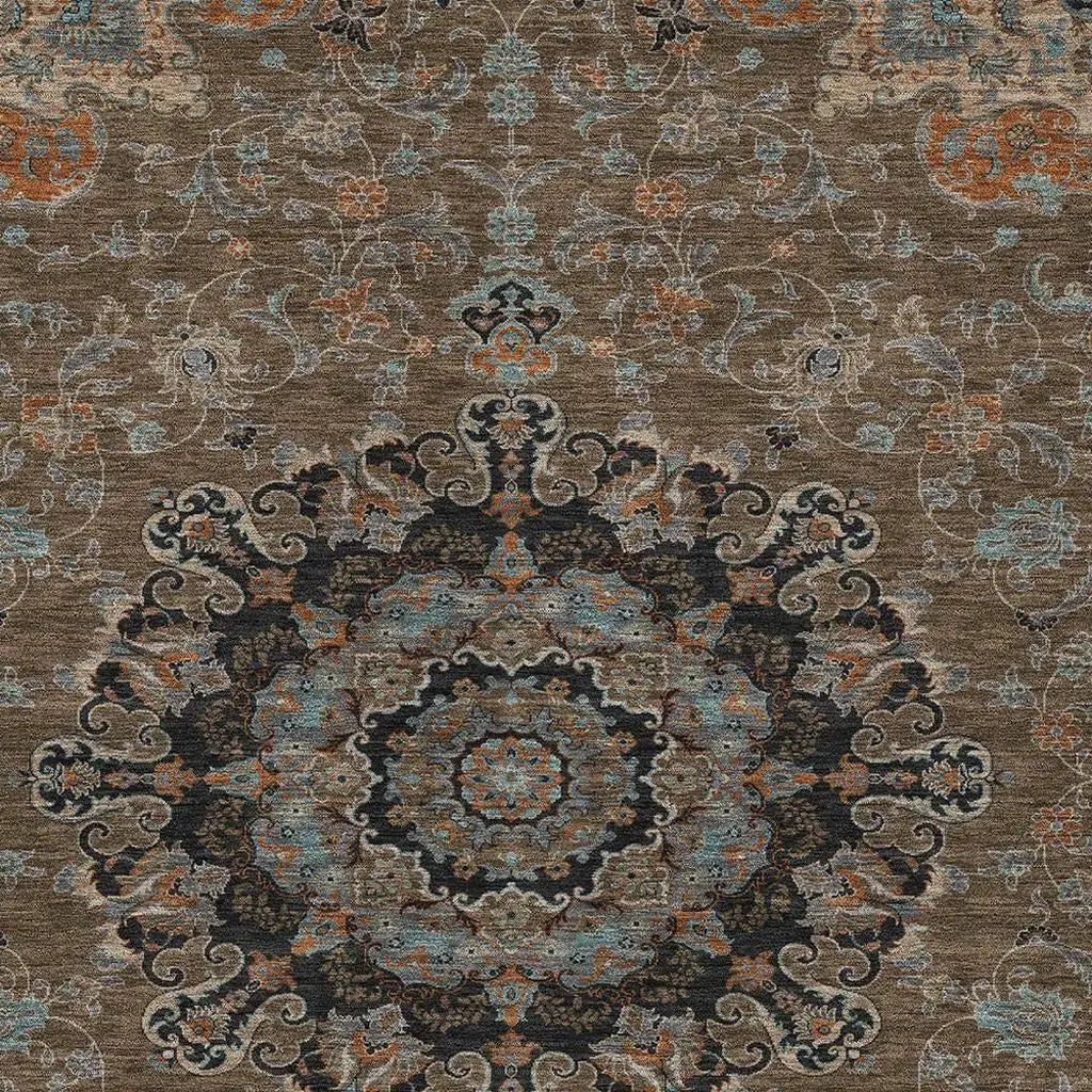 9' X 12' Chocolate And Black Floral Medallion Washable Indoor Outdoor Area Rug Homeroots Outdoor