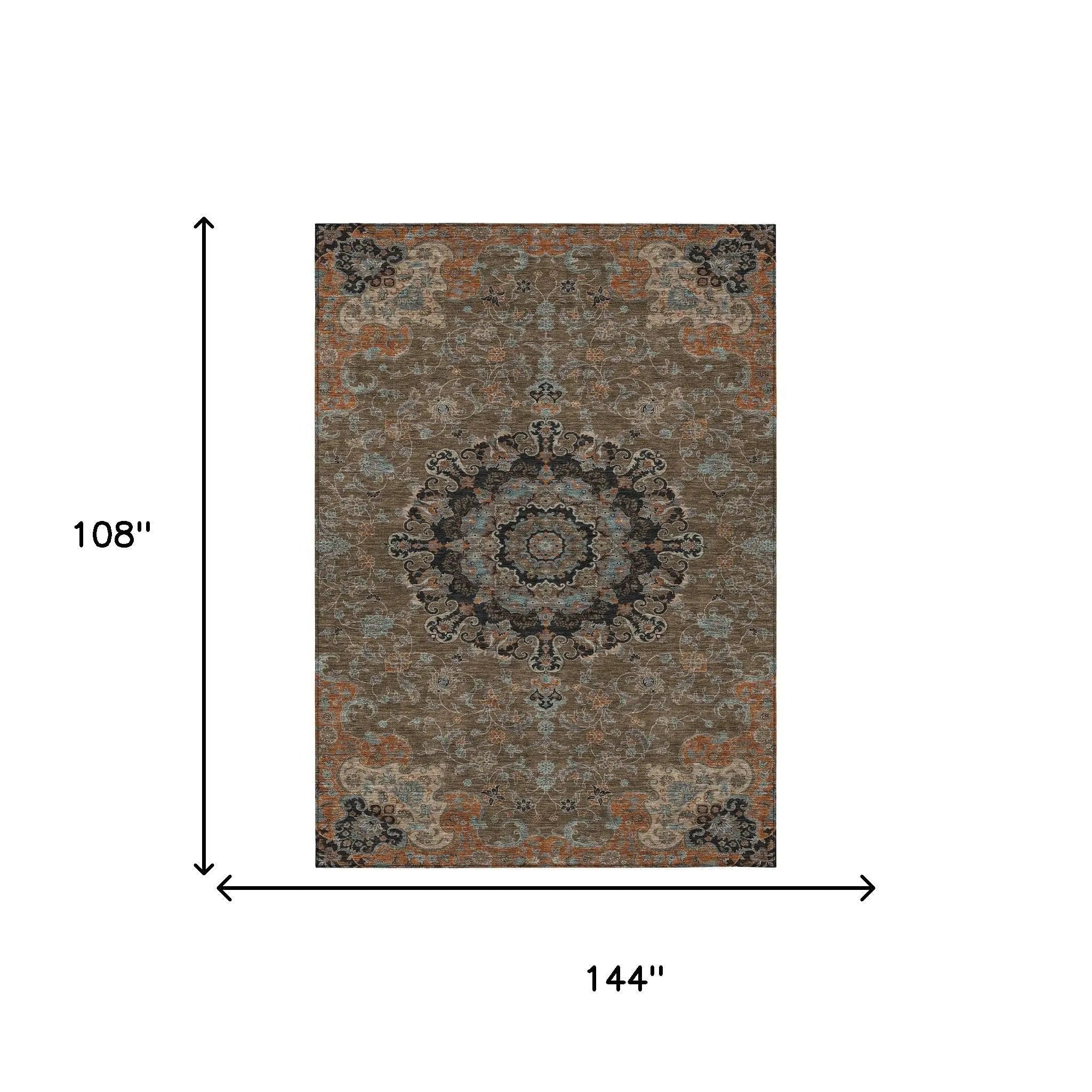 9' X 12' Chocolate And Black Floral Medallion Washable Indoor Outdoor Area Rug Homeroots Outdoor