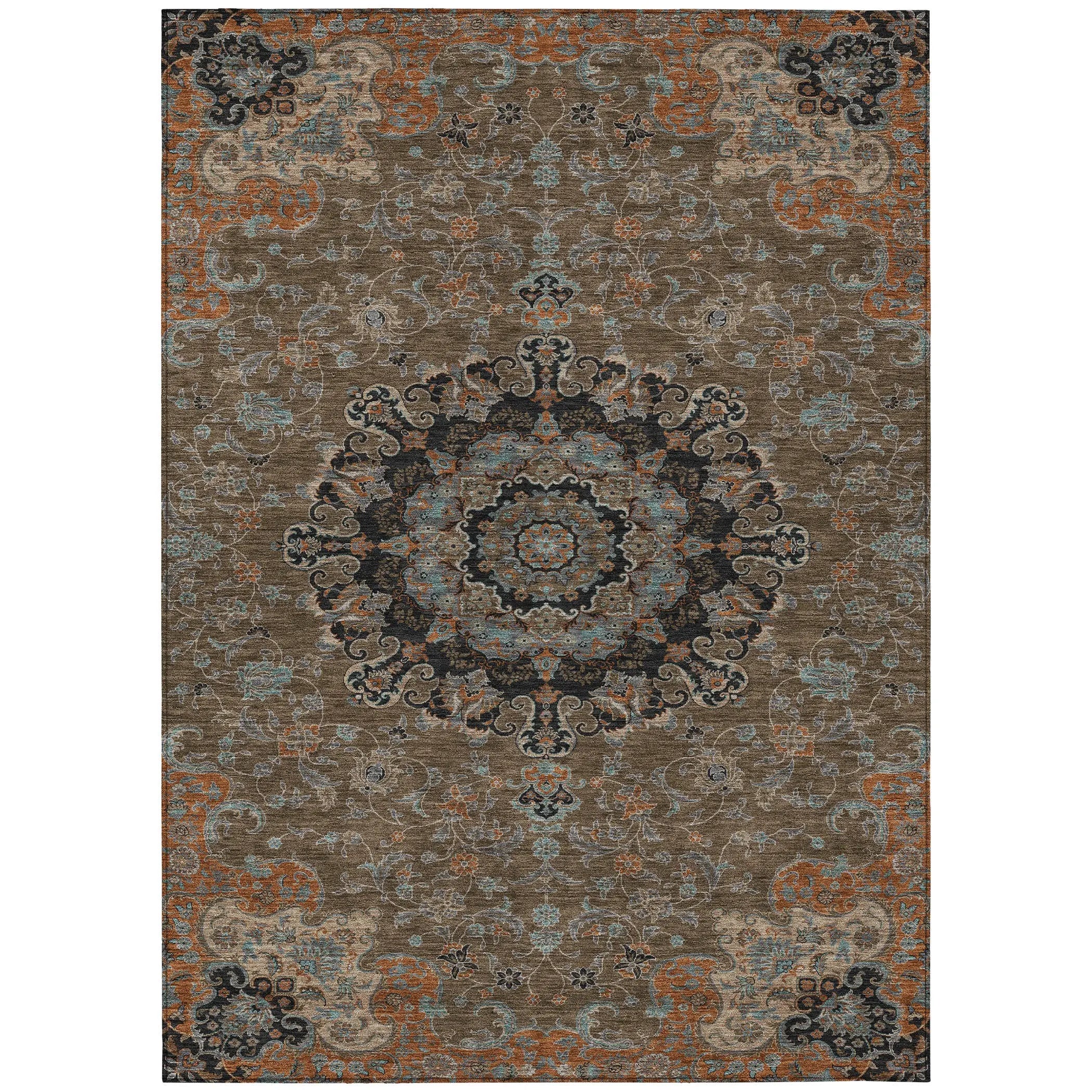 9' X 12' Chocolate And Black Floral Medallion Washable Indoor Outdoor Area Rug Homeroots Outdoor