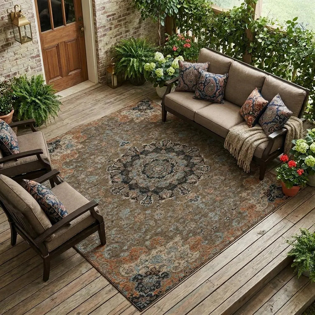 9' X 12' Chocolate And Black Floral Medallion Washable Indoor Outdoor Area Rug Homeroots Outdoor