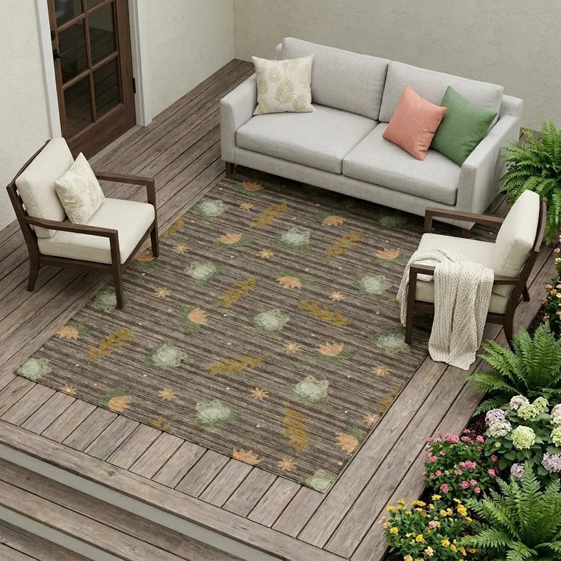 9' X 12' Chocolate And Brown Botanical Leaves Washable Indoor Outdoor Area Rug Homeroots Outdoor