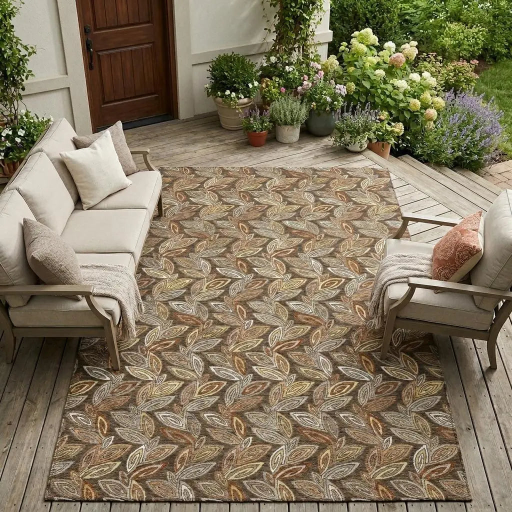 9' X 12' Chocolate And Brown Botanical Leaves Washable Indoor Outdoor Area Rug Homeroots Outdoor