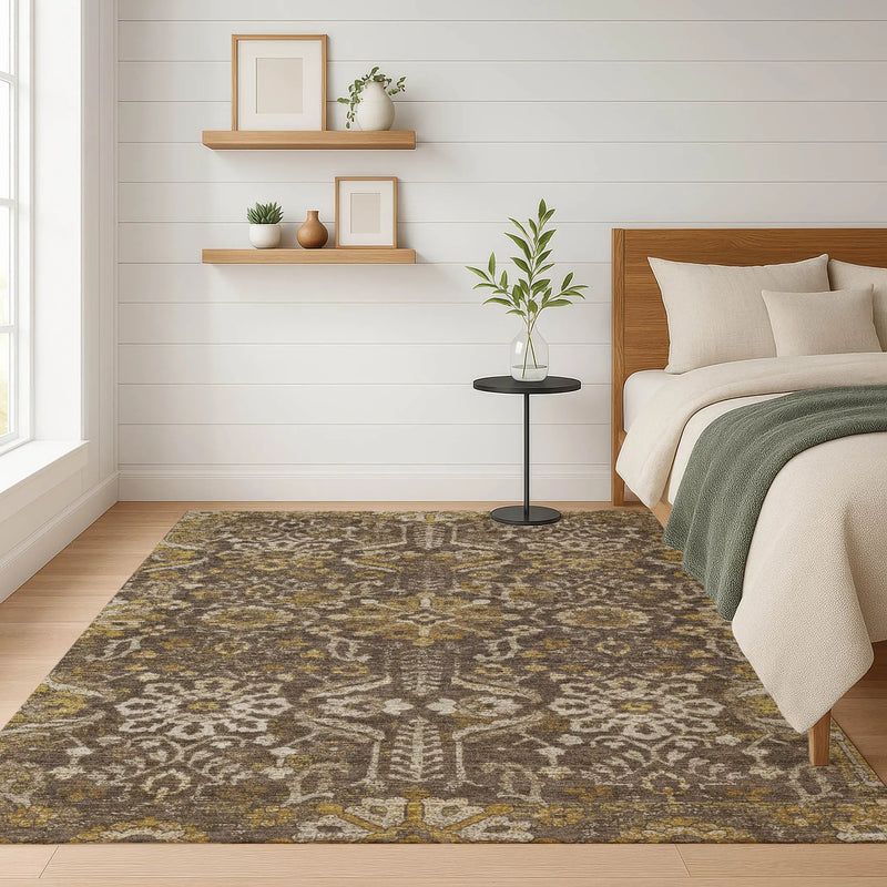 9' X 12' Chocolate And Brown Damask Washable Indoor Outdoor Area Rug Homeroots Outdoor
