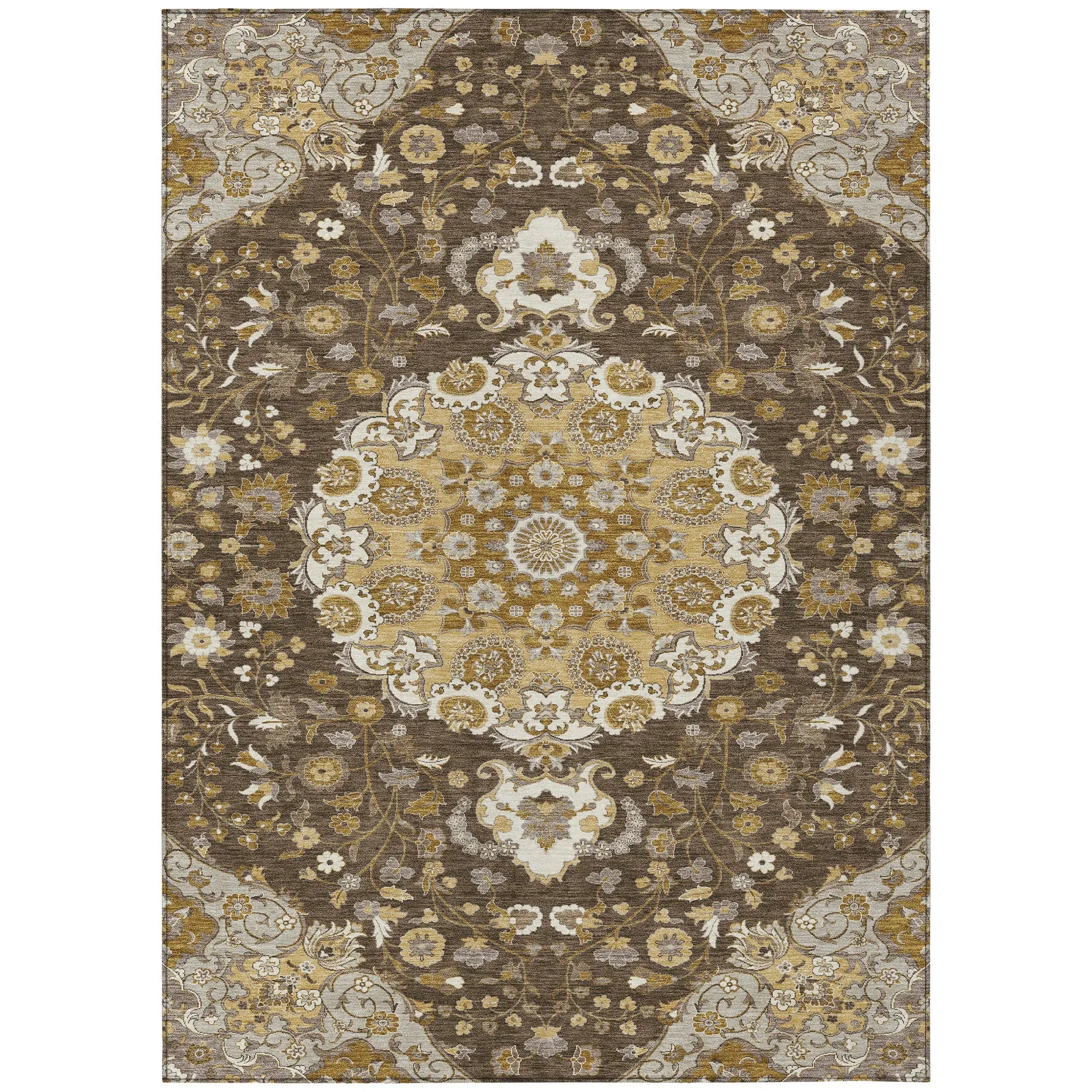 9' X 12' Chocolate And Brown Damask Washable Indoor Outdoor Area Rug Homeroots Outdoor