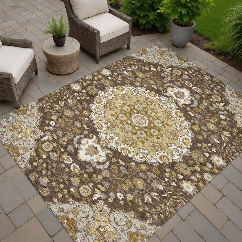 9' X 12' Chocolate And Brown Damask Washable Indoor Outdoor Area Rug Homeroots Outdoor