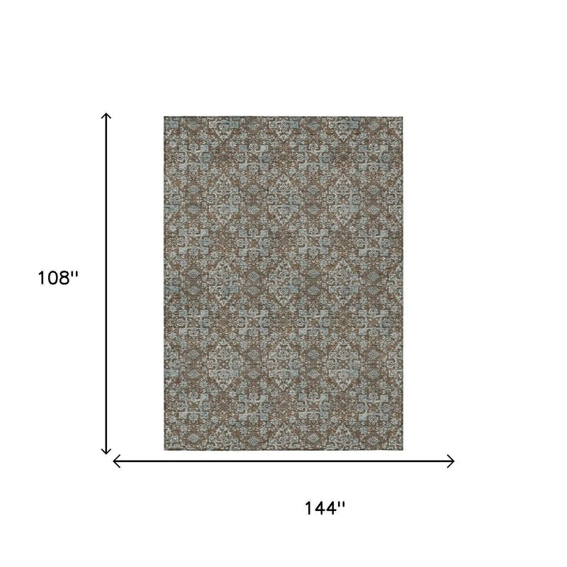 9' X 12' Chocolate And Brown Damask Washable Indoor Outdoor Area Rug Homeroots Outdoor