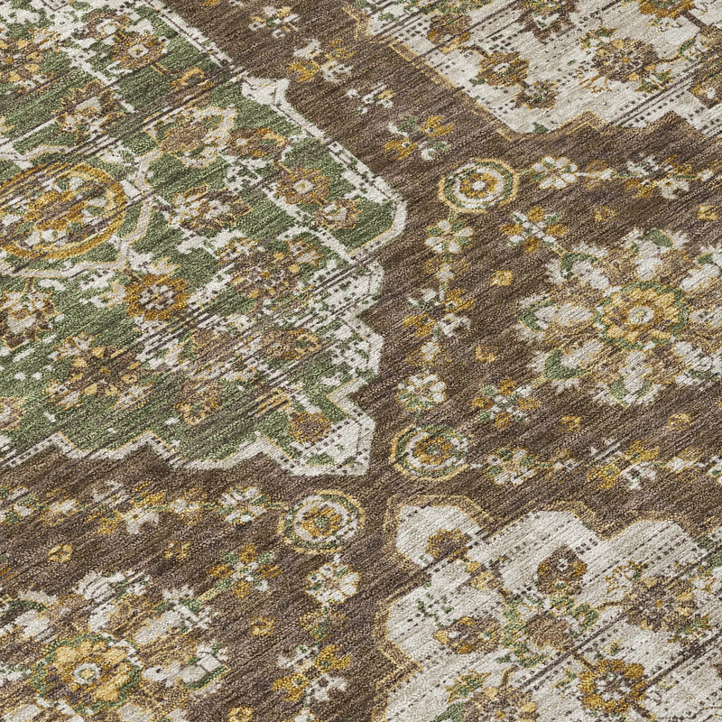 Vintage-style area rug in earthy tones of brown, green, and cream with intricate floral patterns.