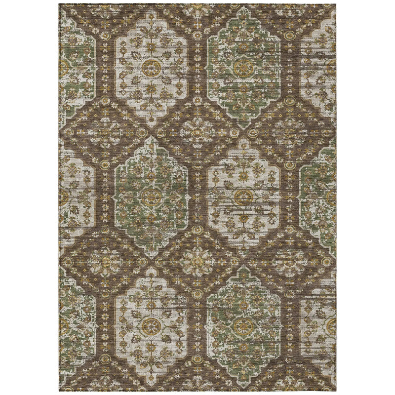 Vintage-inspired area rug in brown, green, and cream, featuring an intricate floral pattern and durable polyester material.