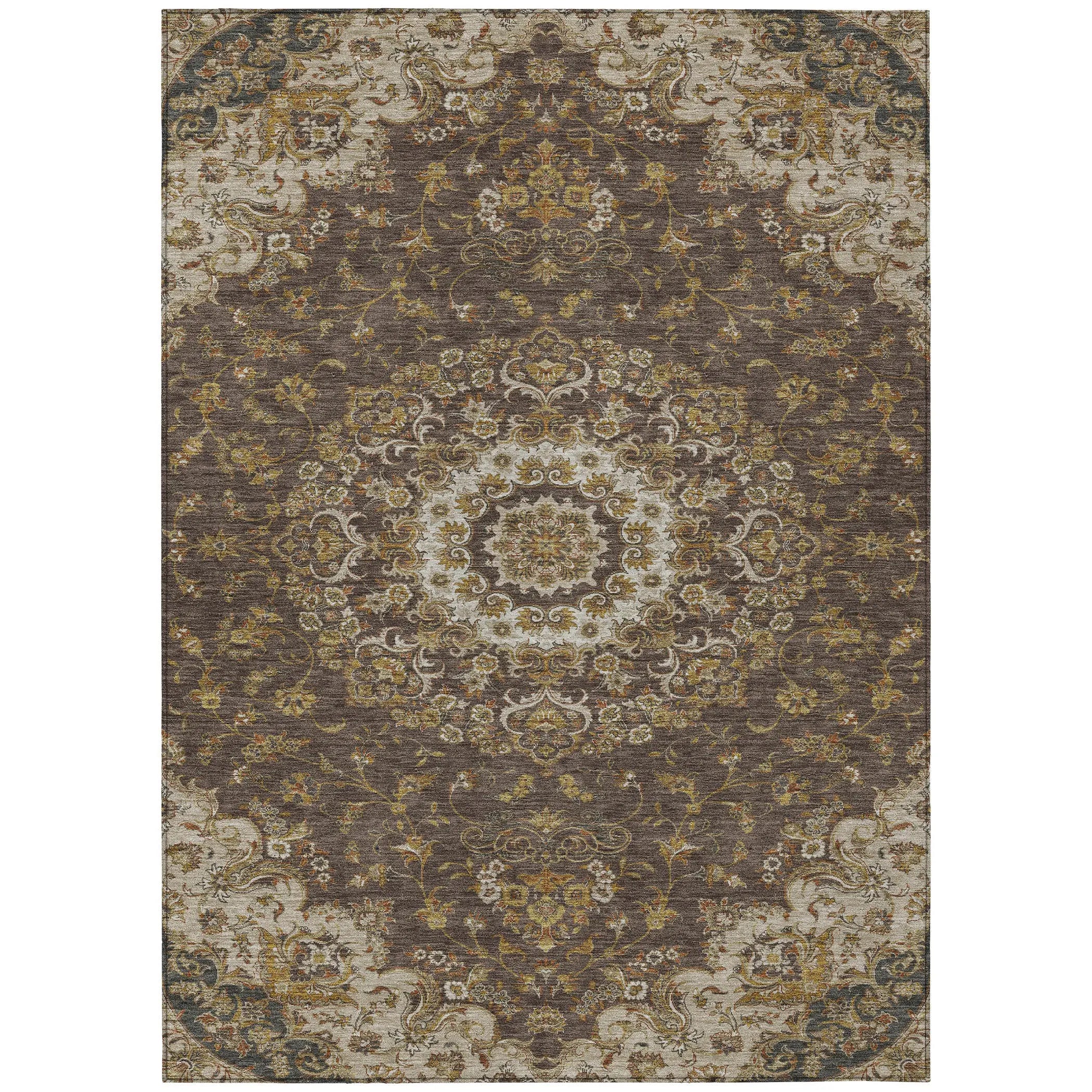 9' X 12' Chocolate And Brown Floral Medallion Washable Indoor Outdoor Area Rug Homeroots Outdoor