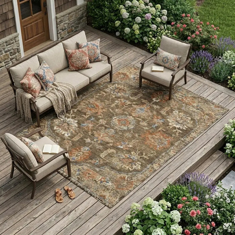 9' X 12' Chocolate And Brown Floral Medallion Washable Indoor Outdoor Area Rug Homeroots Outdoor