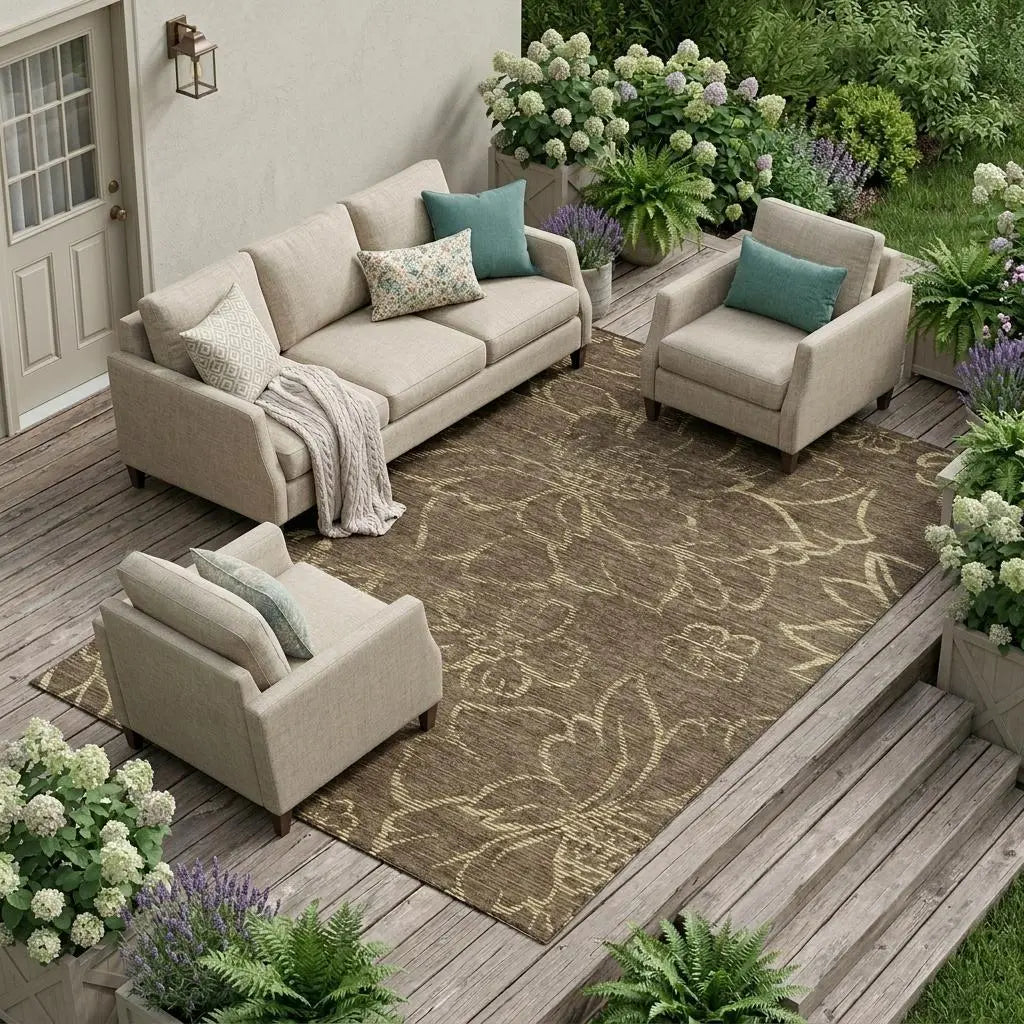 9' X 12' Chocolate And Brown Floral Washable Indoor Outdoor Area Rug Homeroots Outdoor