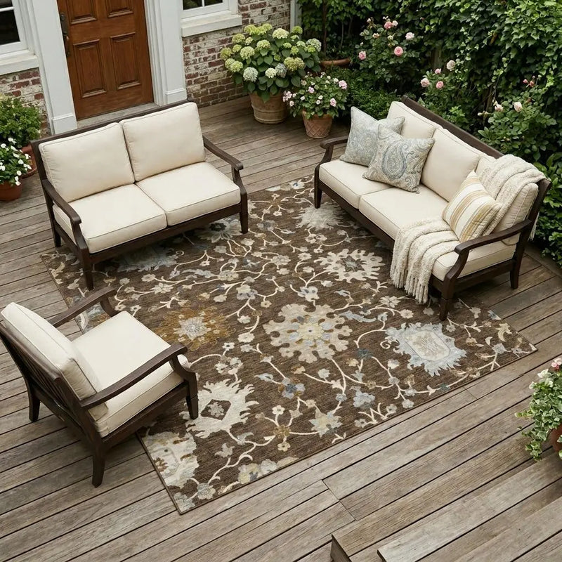 9' X 12' Chocolate And Brown Floral Washable Indoor Outdoor Area Rug Homeroots Outdoor