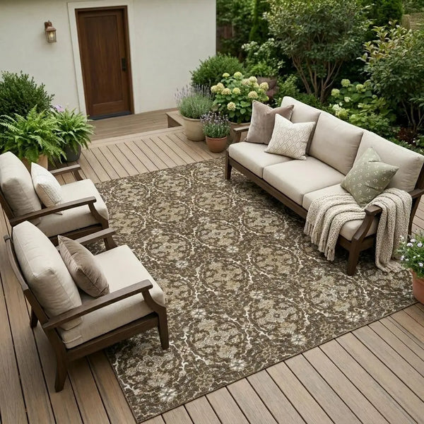 9' X 12' Chocolate And Brown Oriental Washable Indoor Outdoor Area Rug Homeroots Outdoor