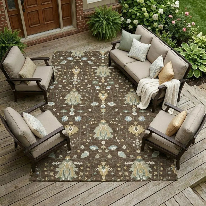 9' X 12' Chocolate And Brown Oriental Washable Indoor Outdoor Area Rug Homeroots Outdoor