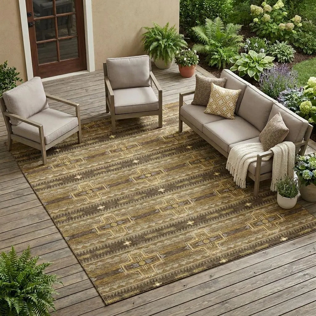 9' X 12' Chocolate And Brown Tribal Washable Indoor Outdoor Area Rug Homeroots Outdoor