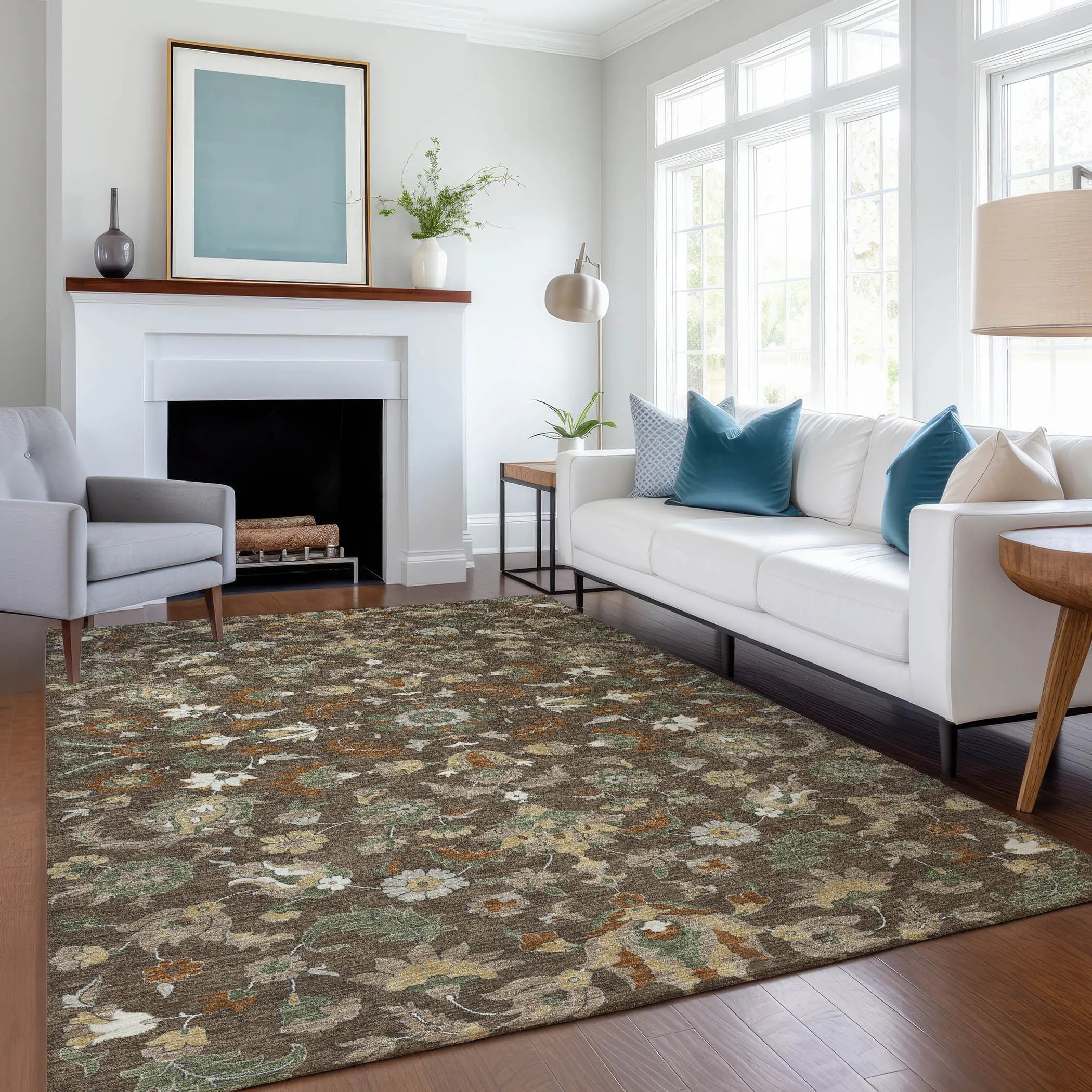 9' X 12' Chocolate And Charcoal Floral Medallion Washable Indoor Outdoor Area Rug Homeroots Outdoor