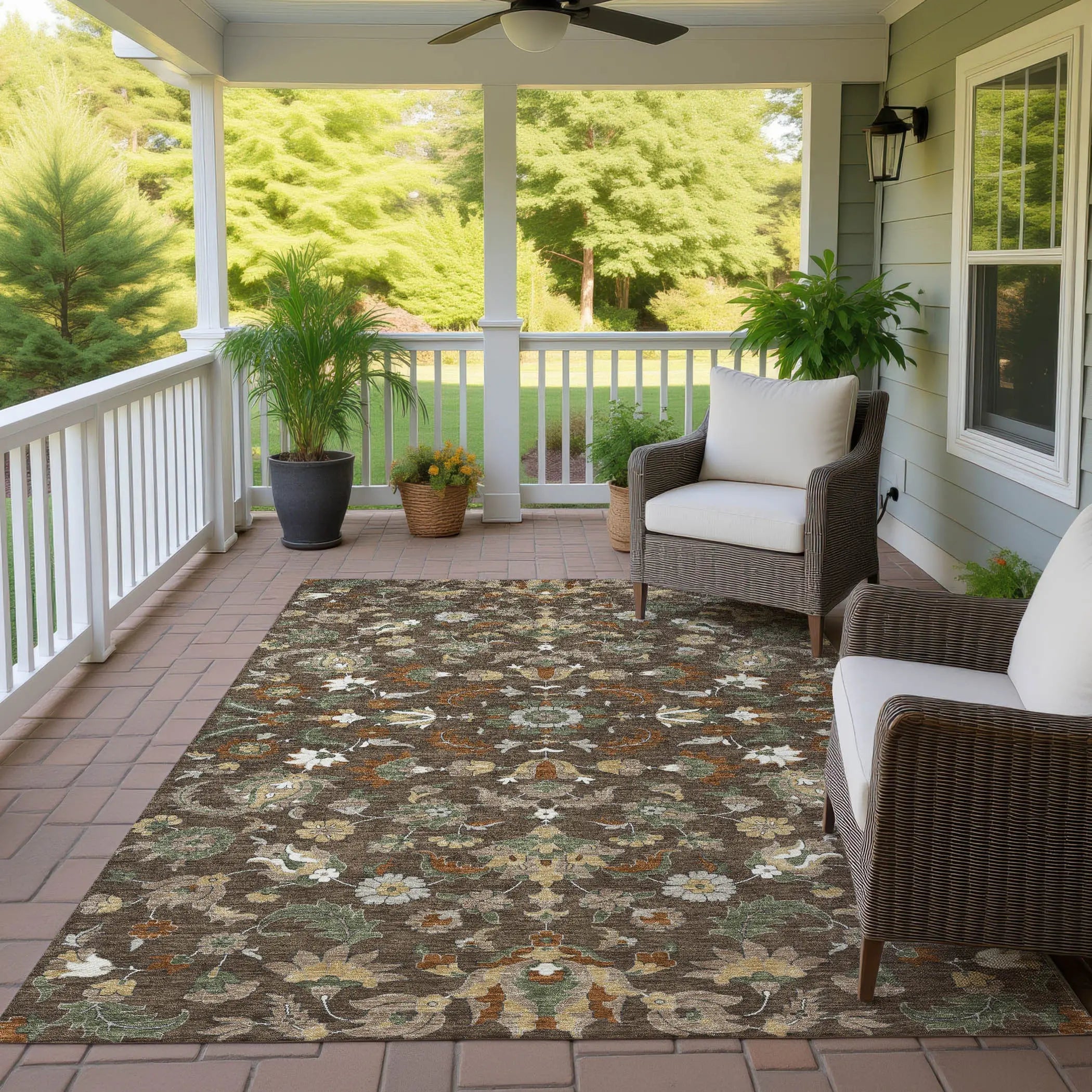 9' X 12' Chocolate And Charcoal Floral Medallion Washable Indoor Outdoor Area Rug Homeroots Outdoor