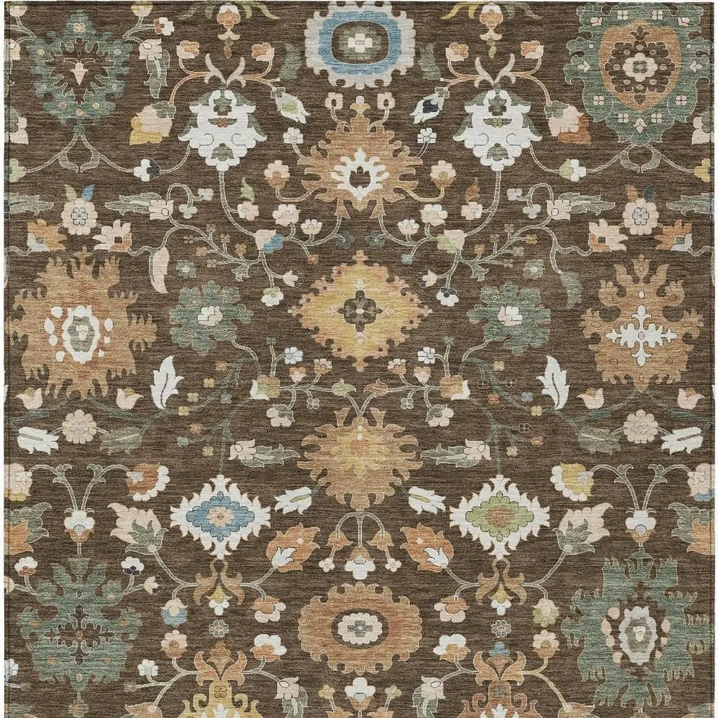 9' X 12' Chocolate And Copper Floral Medallion Washable Indoor Outdoor Area Rug Homeroots Outdoor