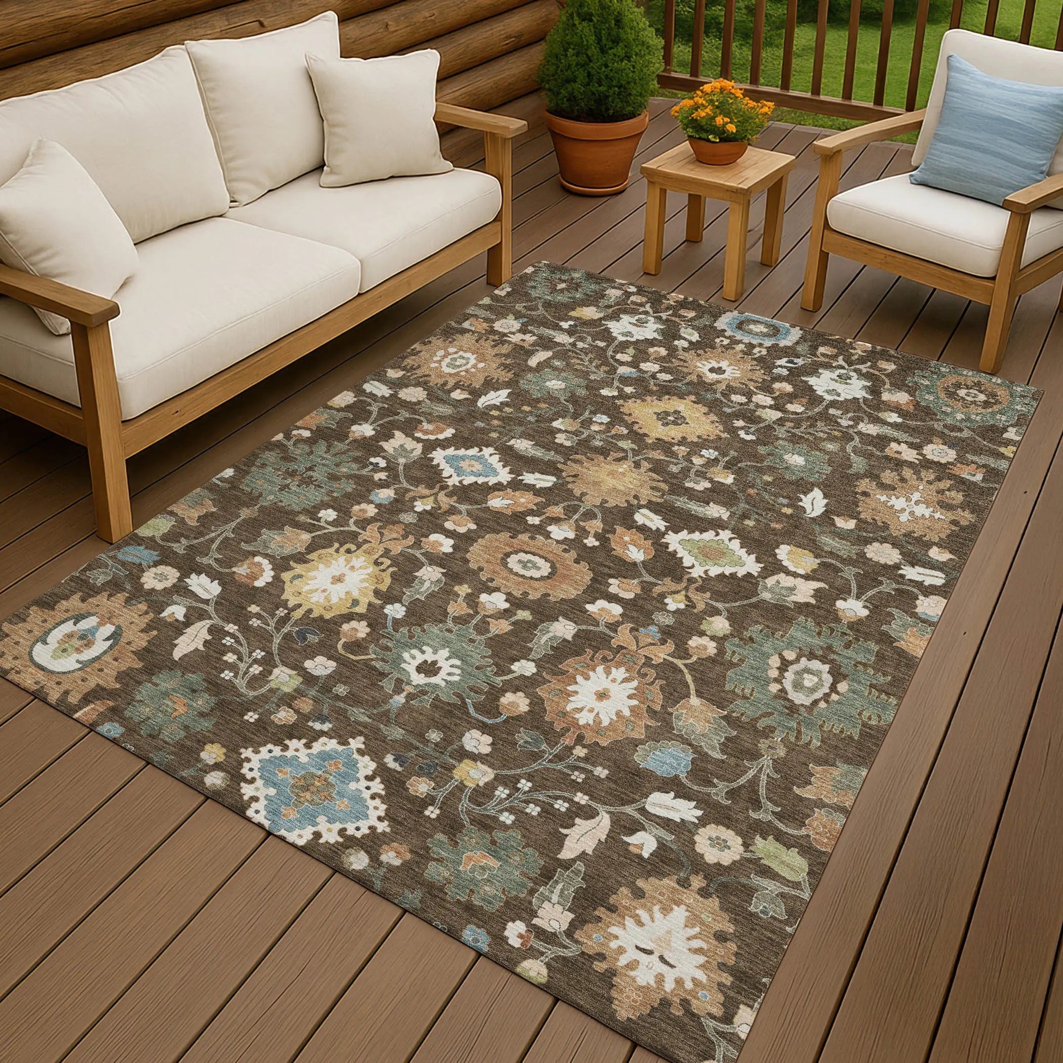 9' X 12' Chocolate And Copper Floral Medallion Washable Indoor Outdoor Area Rug Homeroots Outdoor