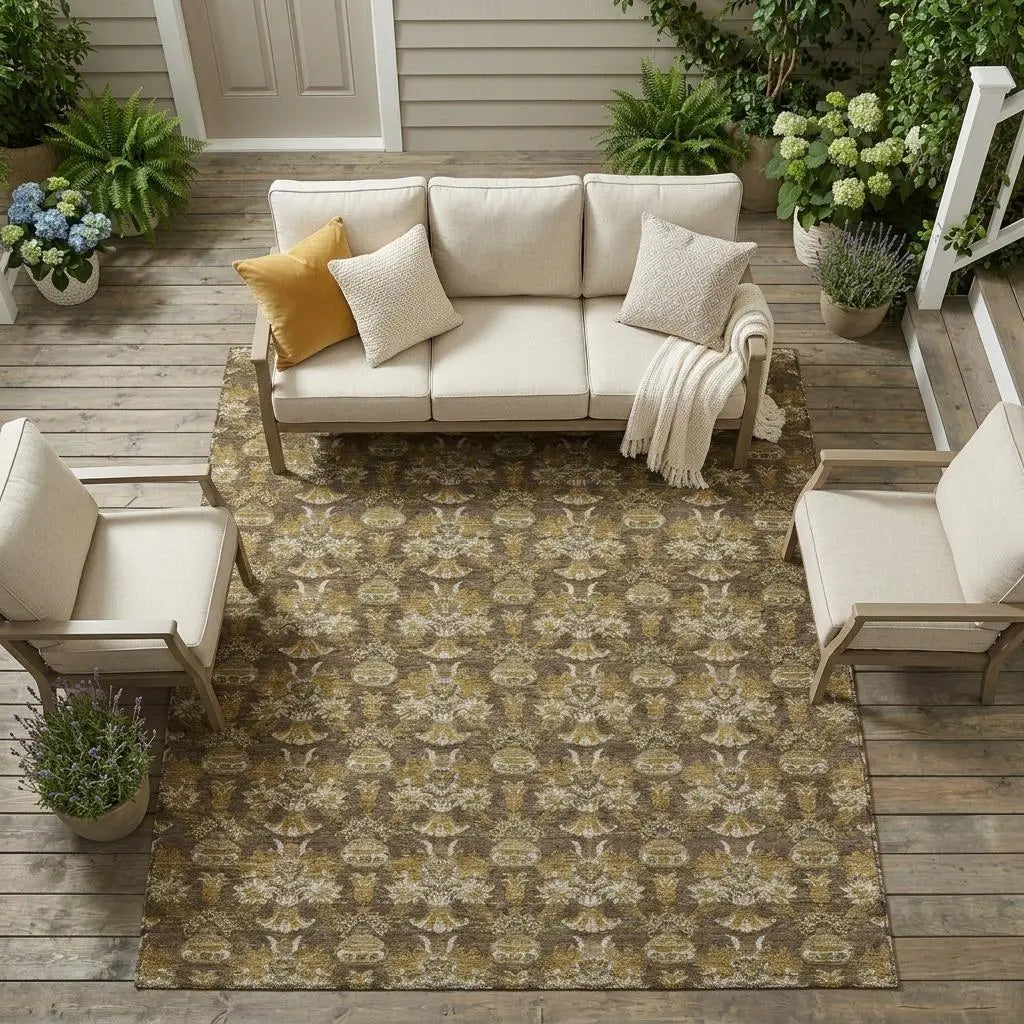 9' X 12' Chocolate And Copper Floral Washable Indoor Outdoor Area Rug Homeroots Outdoor