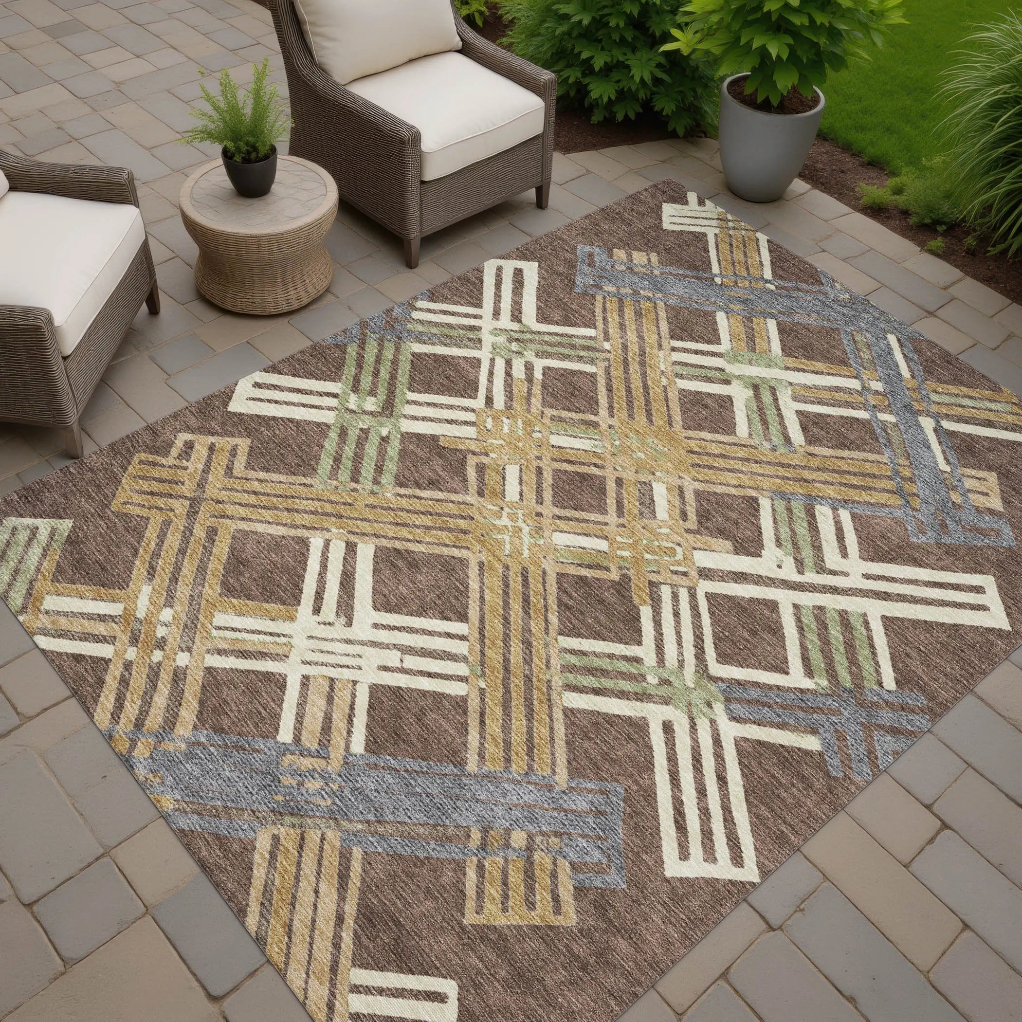 9' X 12' Chocolate And Gold Geometric Washable Indoor Outdoor Area Rug Homeroots Outdoor