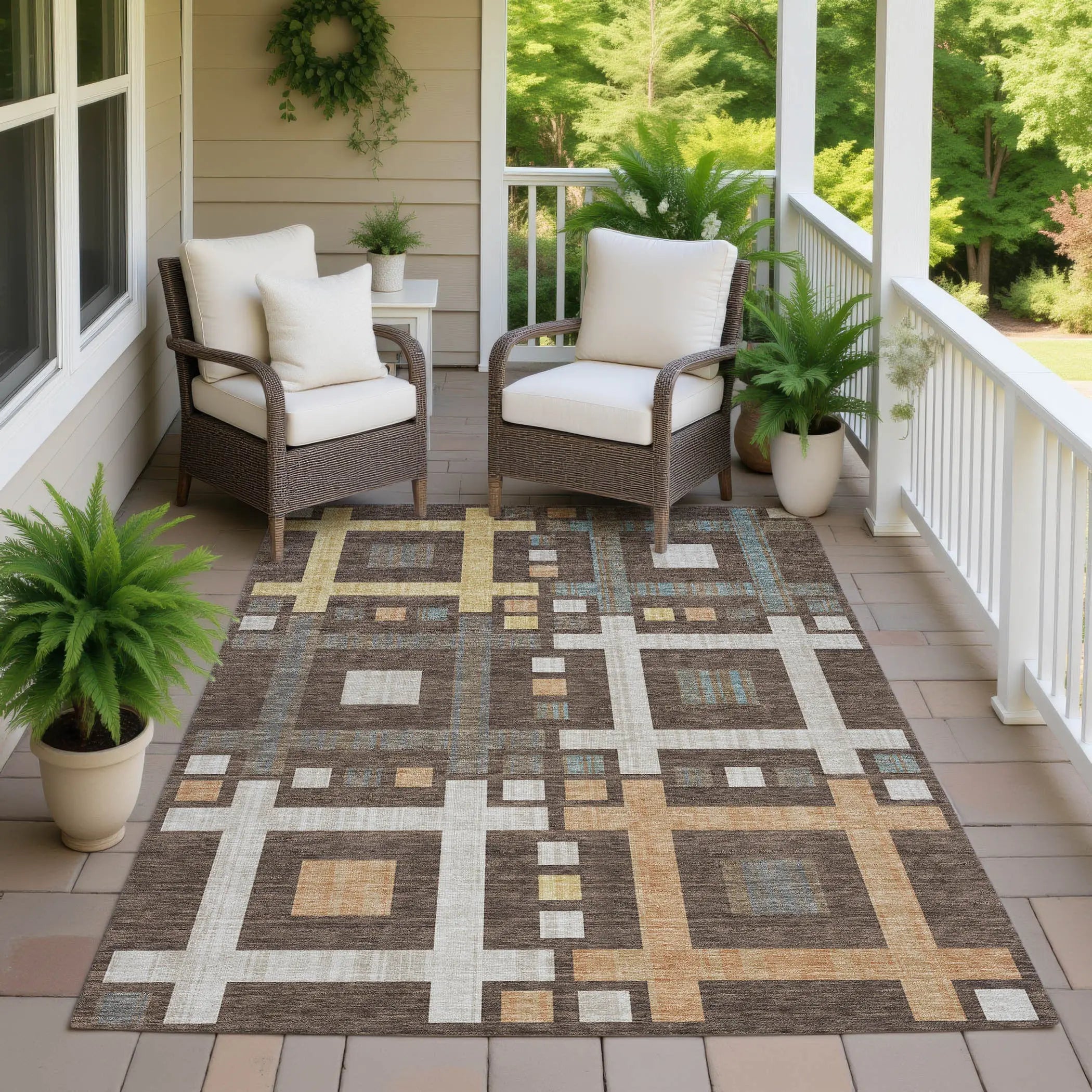 9' X 12' Chocolate And Graphite Geometric Washable Indoor Outdoor Area Rug Homeroots Outdoor