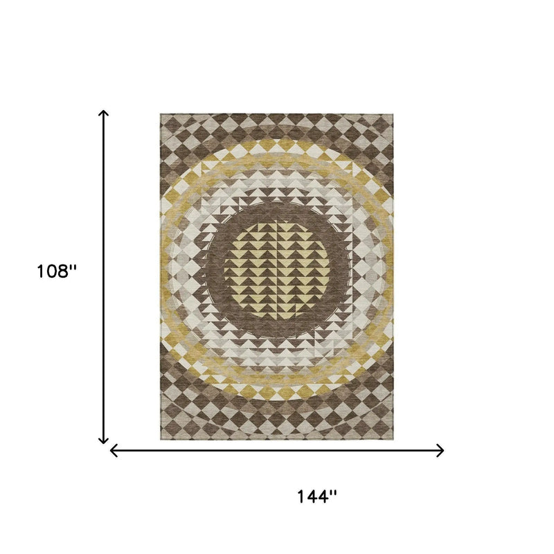 9' X 12' Chocolate And Green Geometric Washable Indoor Outdoor Area Rug Homeroots Outdoor