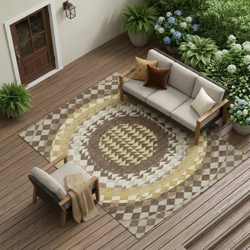 9' X 12' Chocolate And Green Geometric Washable Indoor Outdoor Area Rug Homeroots Outdoor