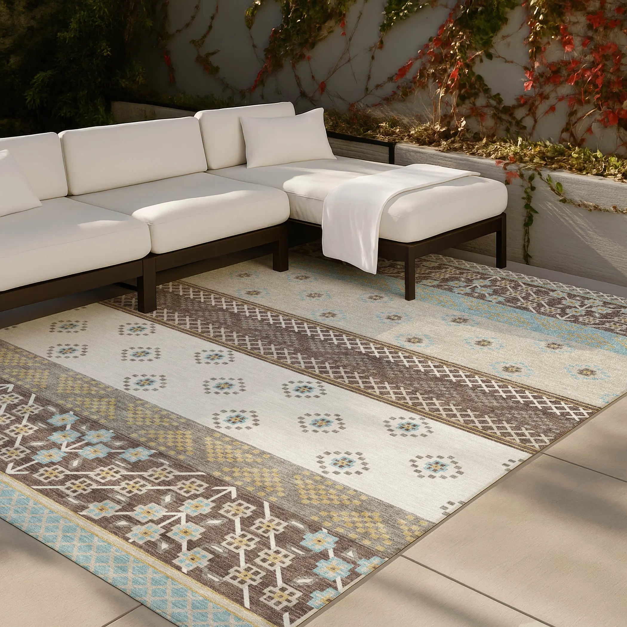 9' X 12' Chocolate And Green Striped Washable Indoor Outdoor Area Rug Homeroots Outdoor