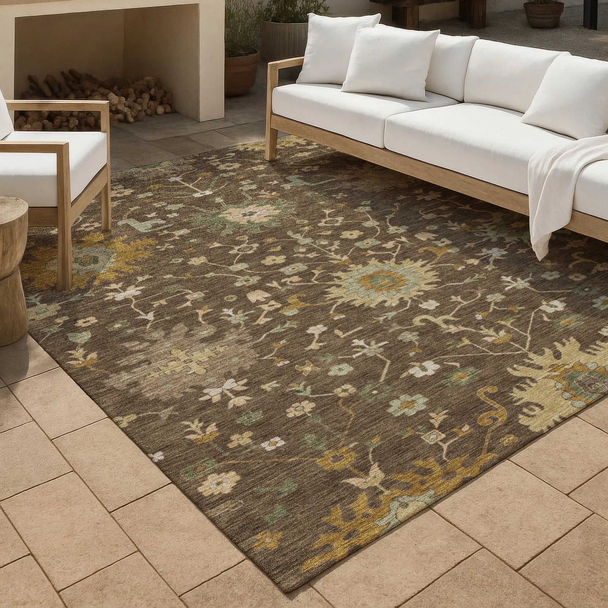 9' X 12' Chocolate And Olive Green Faux Bois Washable Indoor Outdoor Area Rug Homeroots Outdoor