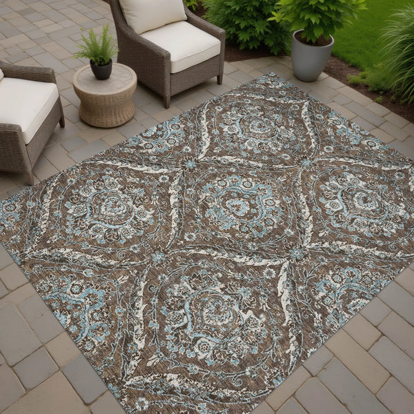 9' X 12' Chocolate And Silver Floral Washable Indoor Outdoor Area Rug Homeroots Outdoor