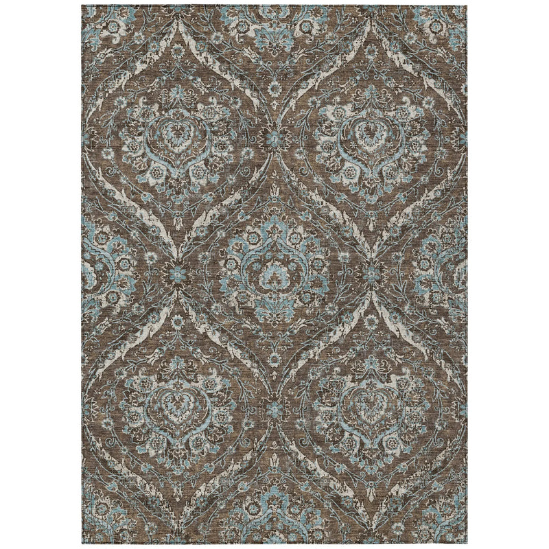 9' X 12' Chocolate And Silver Floral Washable Indoor Outdoor Area Rug Homeroots Outdoor