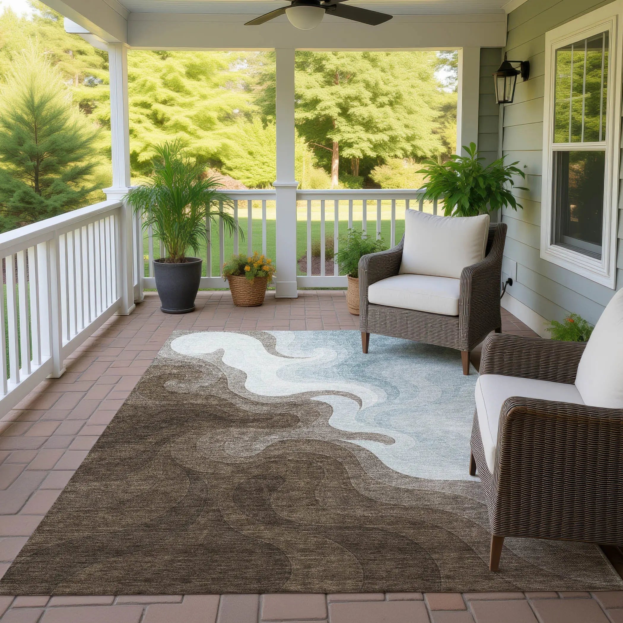 9' X 12' Chocolate And Sky Blue Abstract Washable Indoor Outdoor Area Rug Homeroots Outdoor
