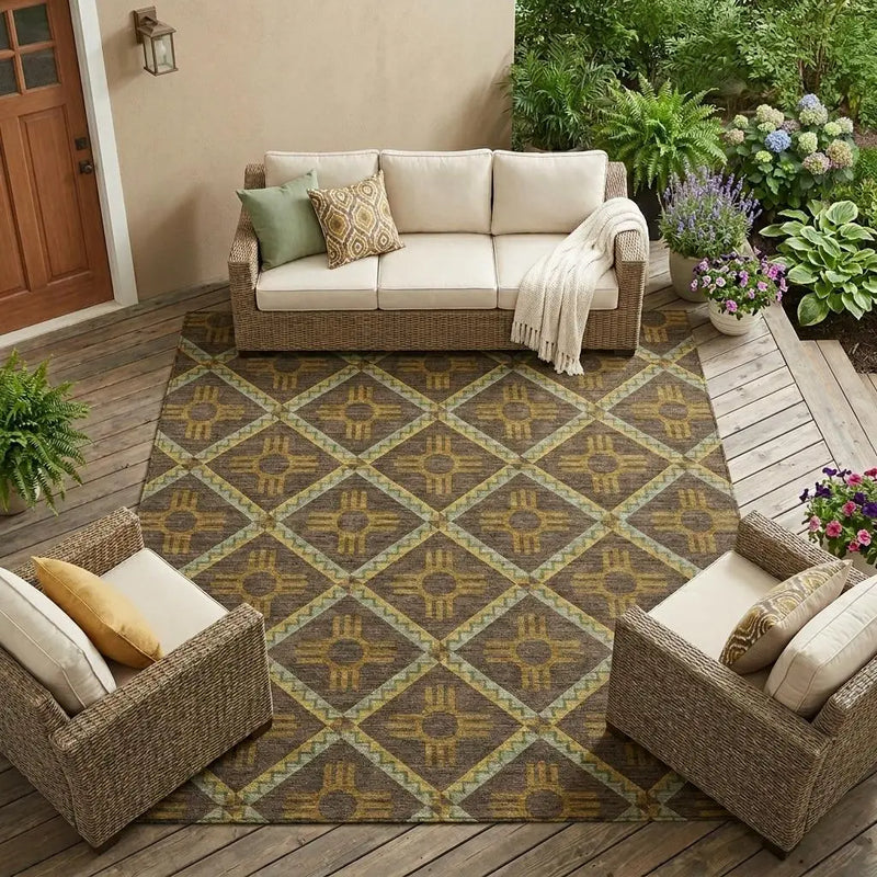 9' X 12' Chocolate And Taupe Geometric Washable Indoor Outdoor Area Rug Homeroots Outdoor