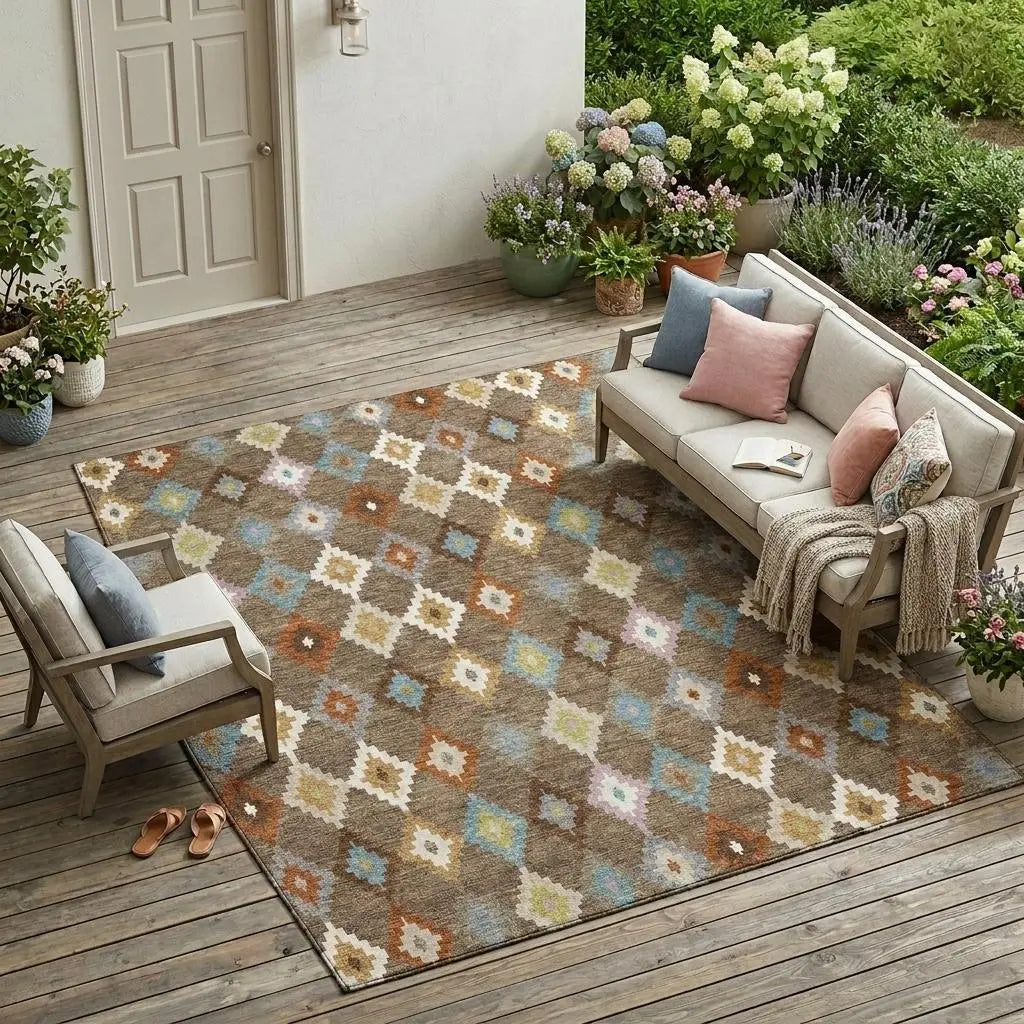 9' X 12' Chocolate And Teal Blue Aztec Washable Indoor Outdoor Area Rug Homeroots Outdoor