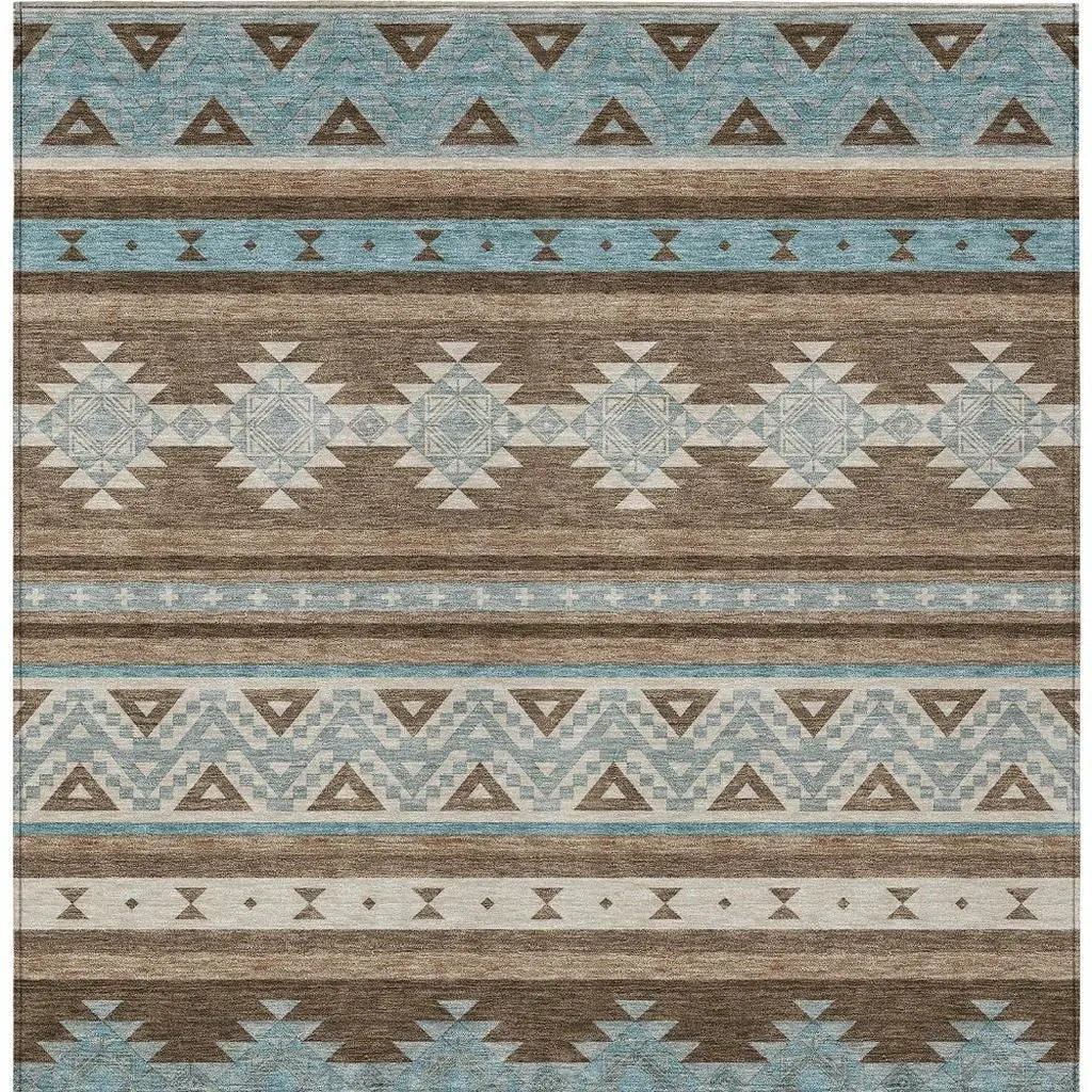 9' X 12' Chocolate And Teal Blue Southwestern Washable Indoor Outdoor Area Rug Homeroots Outdoor