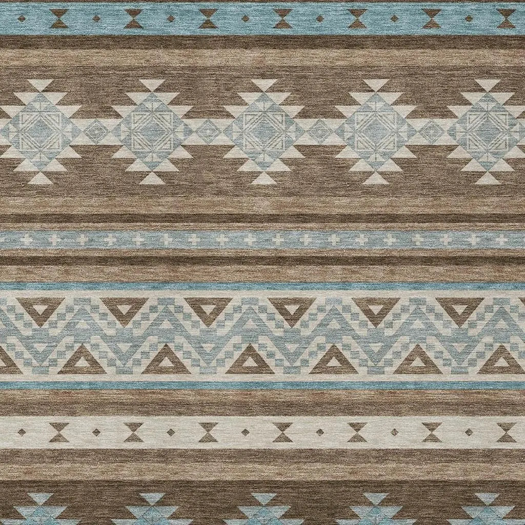 9' X 12' Chocolate And Teal Blue Southwestern Washable Indoor Outdoor Area Rug Homeroots Outdoor
