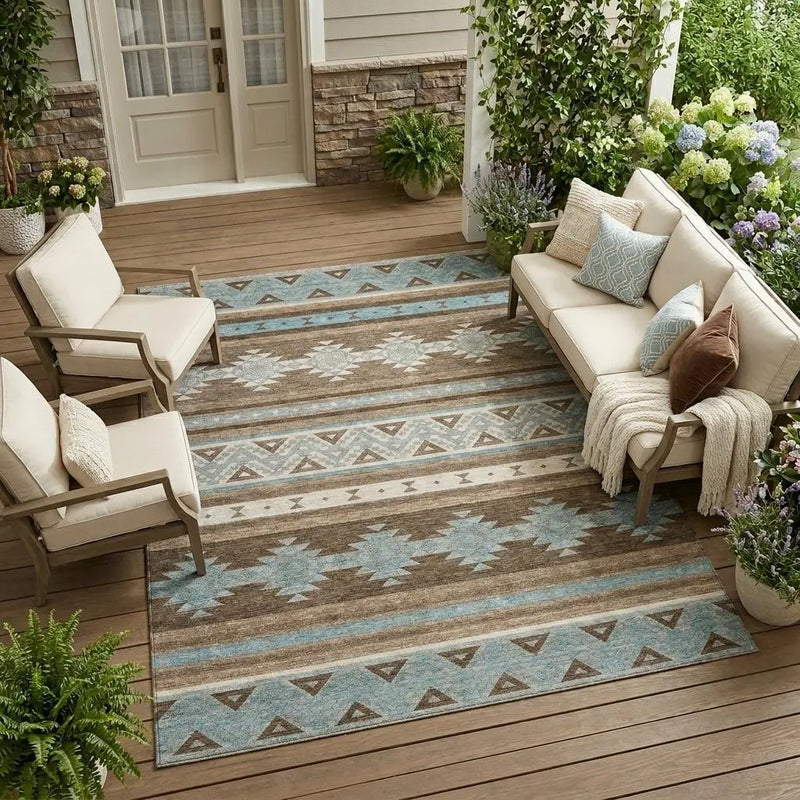 9' X 12' Chocolate And Teal Blue Southwestern Washable Indoor Outdoor Area Rug Homeroots Outdoor