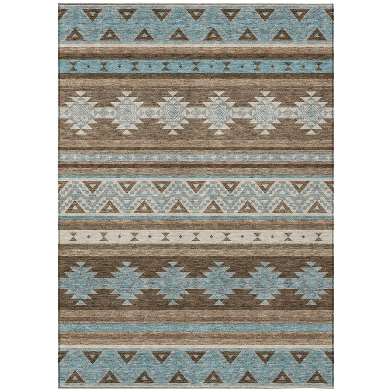 9' X 12' Chocolate And Teal Blue Southwestern Washable Indoor Outdoor Area Rug Homeroots Outdoor